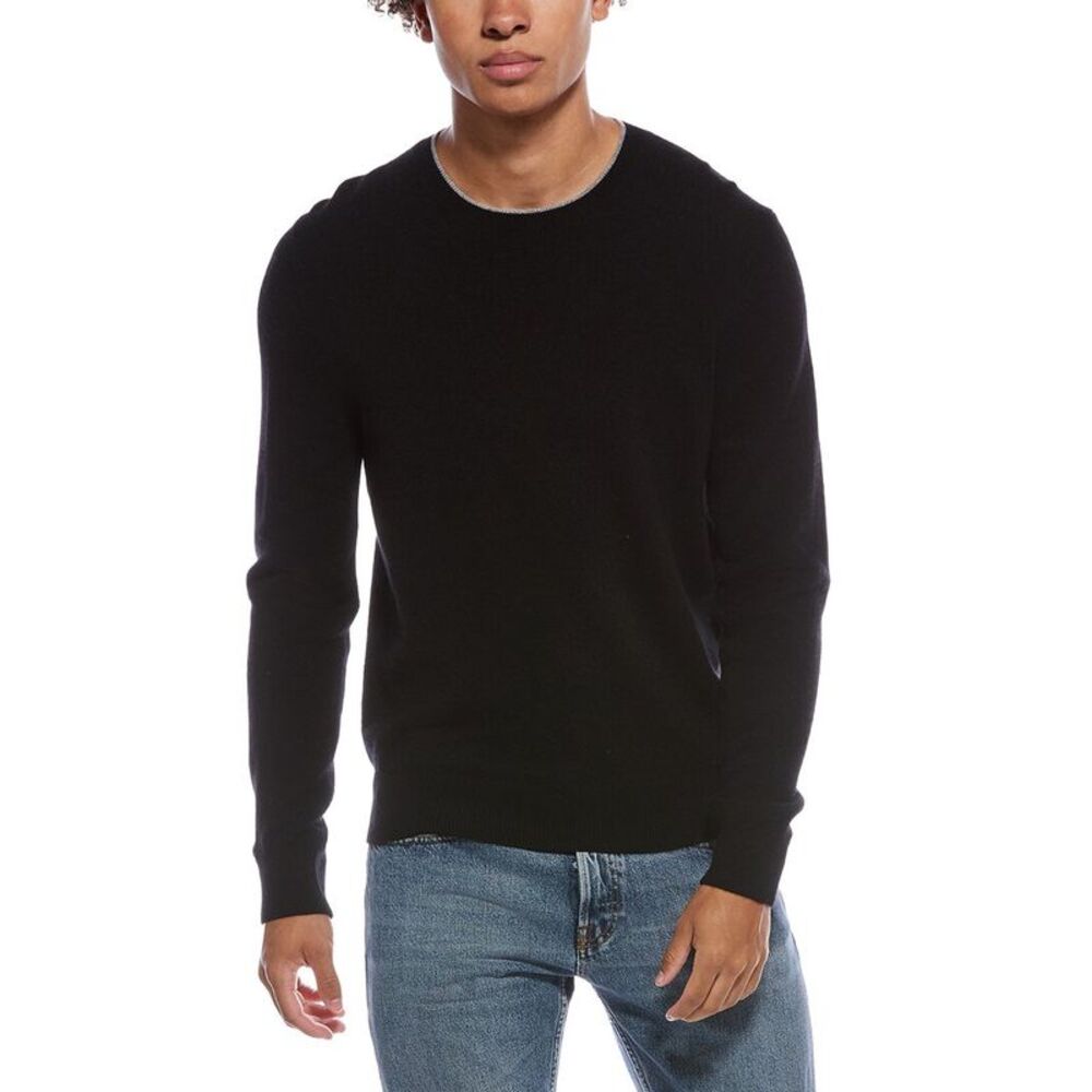Amicale Cashmere Mens  Brioche Two-Tone Cashmere Crewneck Sweater, Black